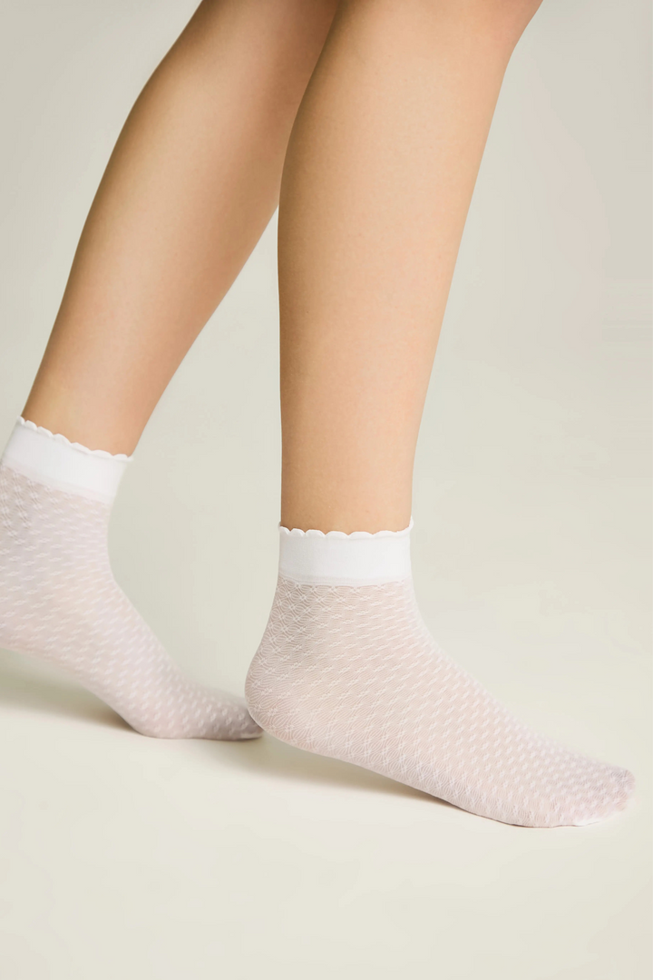 White socks with lace trim worn by a person on a light background #color_bianco