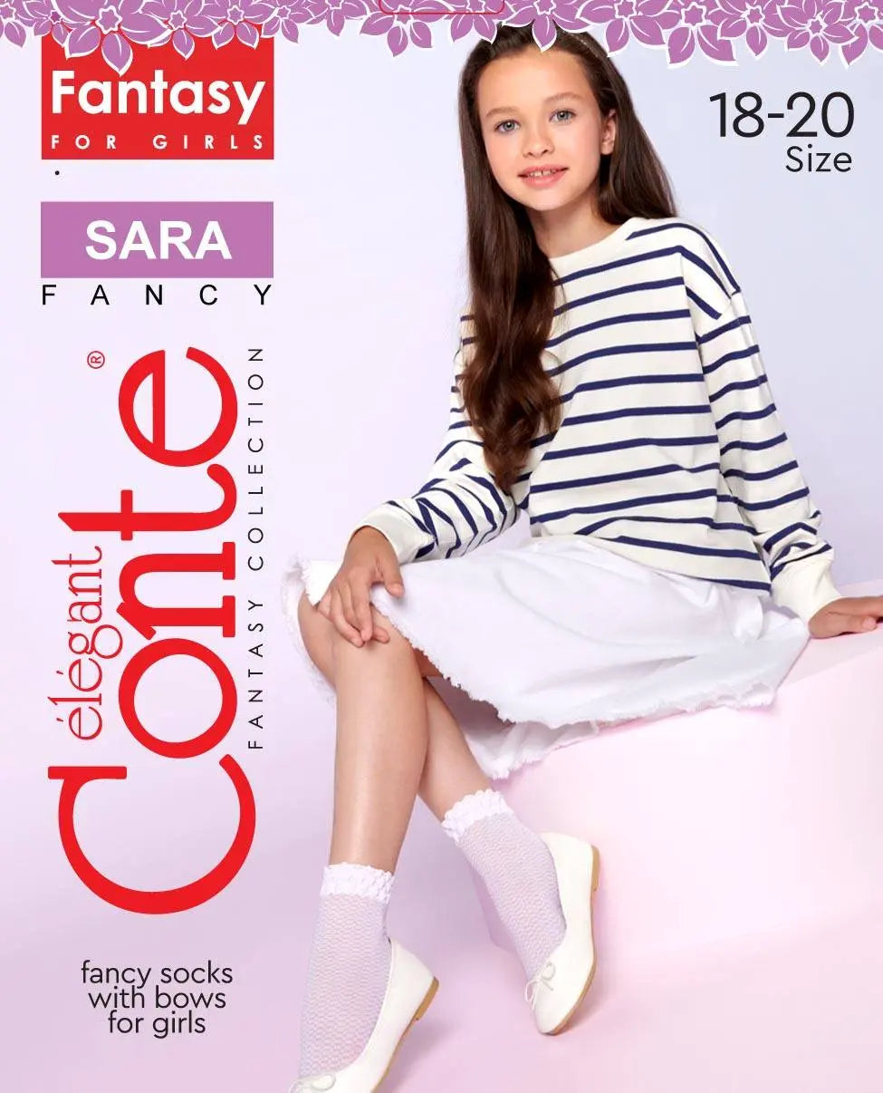 Advertisement for Elegant Conte socks featuring a girl in a striped shirt and skirt on a pink background.