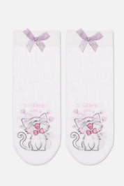 Pair of socks with cat design and pink bows on a white background