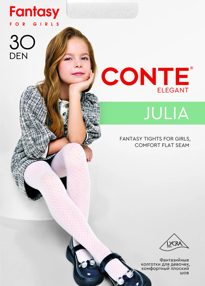Advertisement for Conte tights featuring a girl sitting on a white chair. #color_nero-black