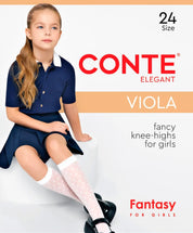 Girl wearing white knee-high socks with a Conte Elegant advertisement in the background #color_nero-black