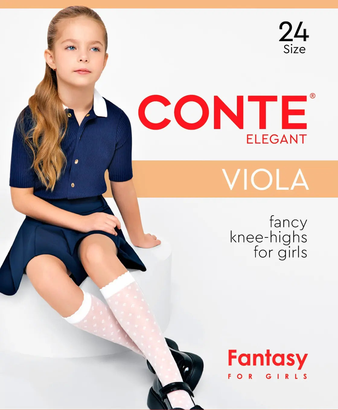 Girl wearing white knee-high socks with a Conte Elegant advertisement in the background #color_bianco