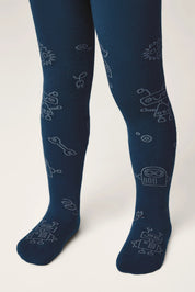Navy blue tights with robot pattern worn by a person on a white background #color_dark-blue