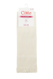 Pair of white knee-high socks with a Conte label on a white background