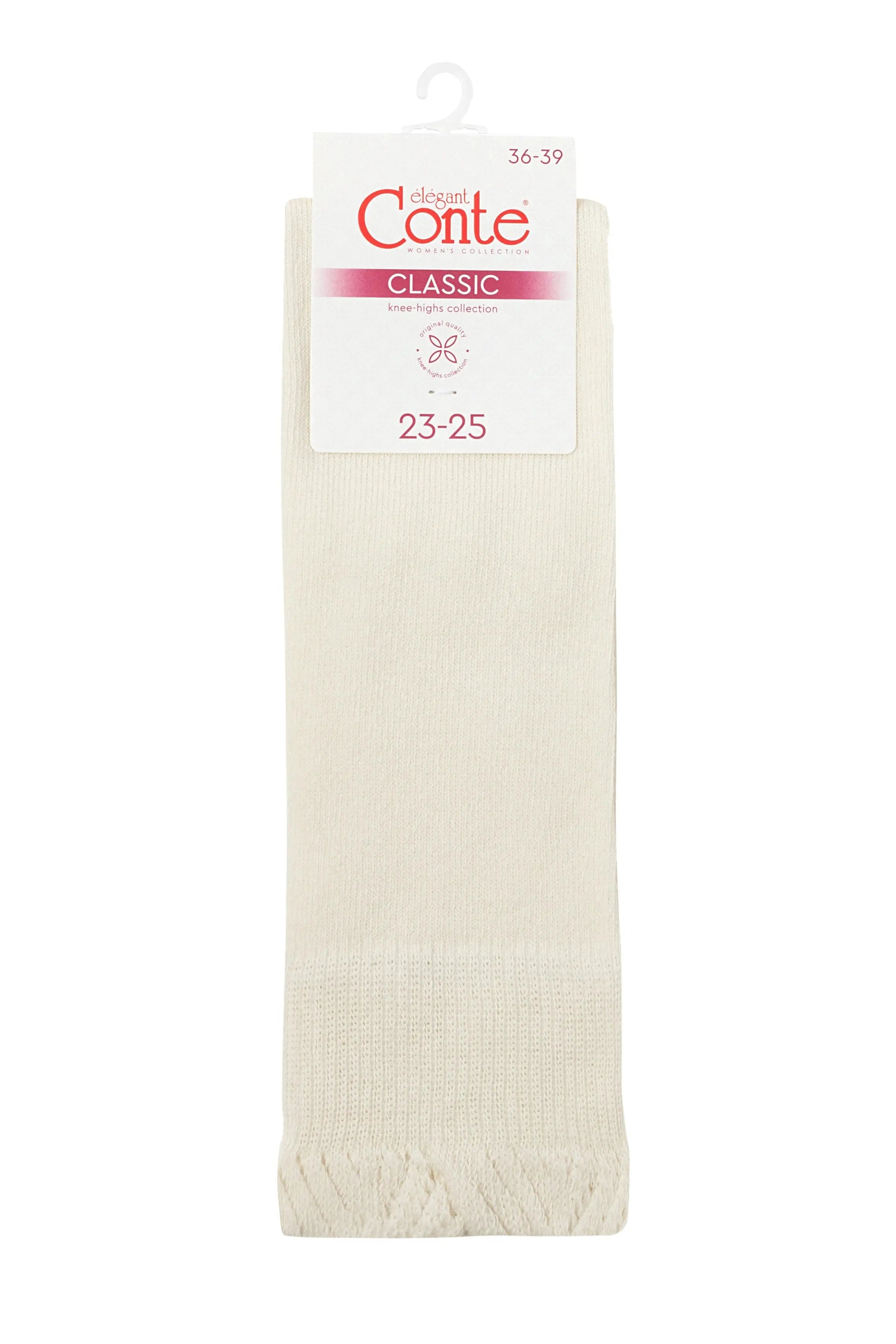 Pair of white knee-high socks with a Conte label on a white background