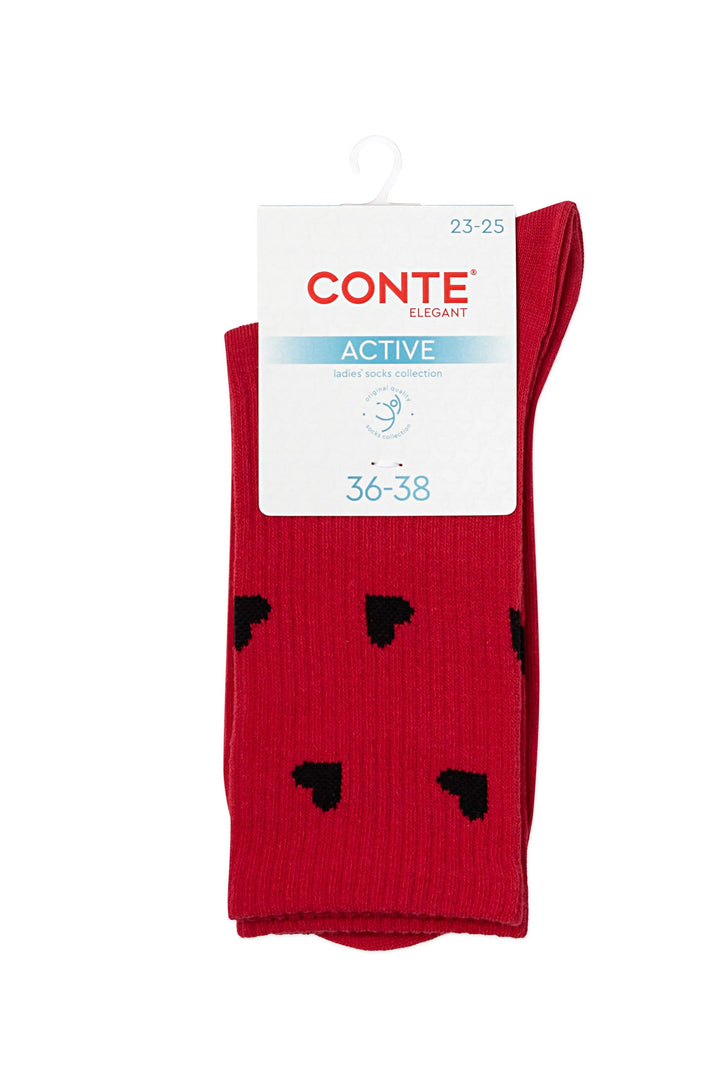 Red socks with black heart designs on a white background, featuring a CONTE label. #color_red