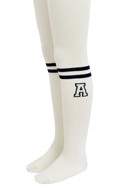 White tights with black stripes and a letter 'A' logo on a white background