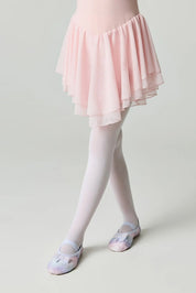 Person wearing a light pink ballet skirt, white tights, and ballet shoes on a plain background #color_bianco
