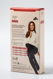 Box of Conte 200 denier cotton tights with a model wearing the tights on a white background