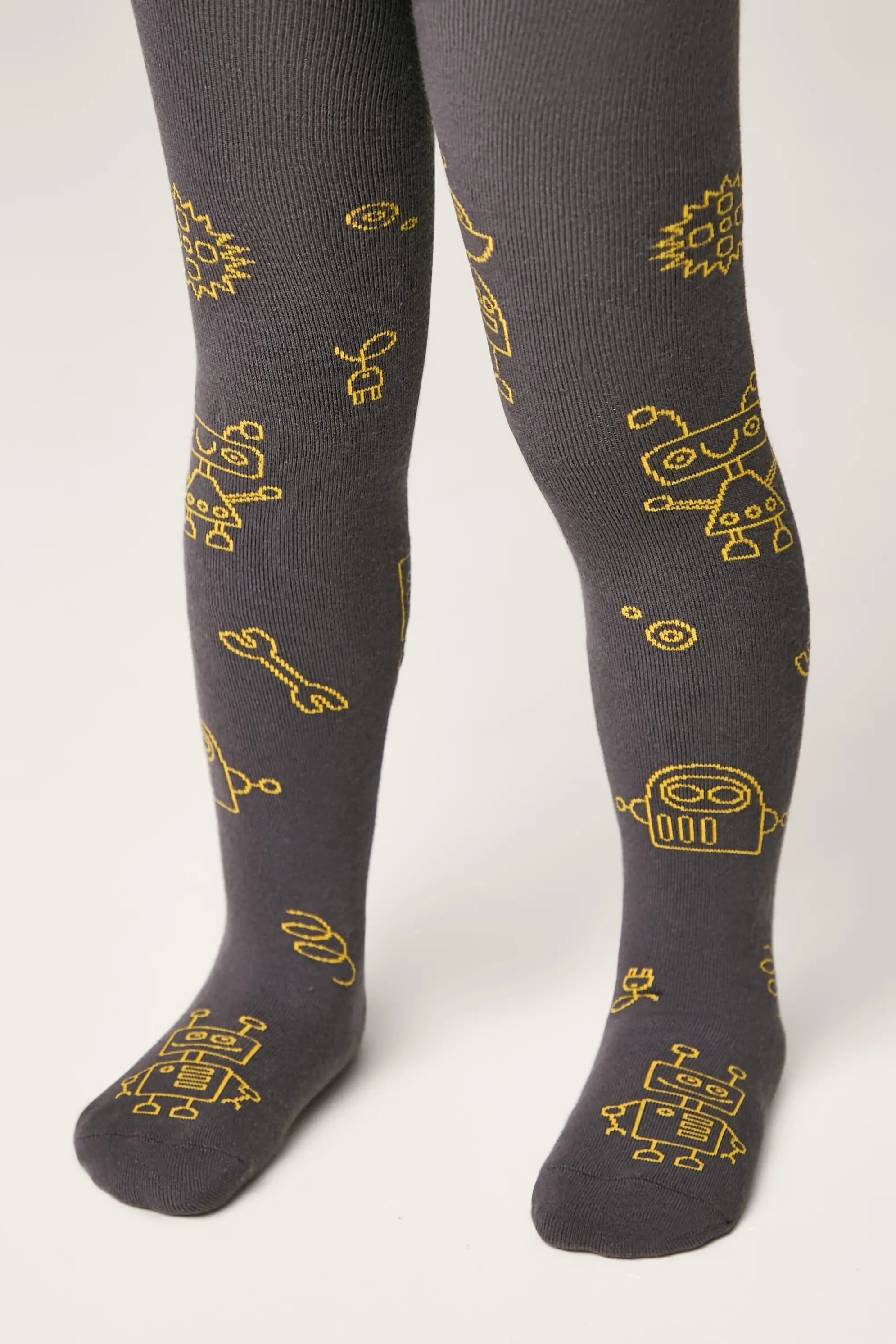 Gray tights with yellow robot patterns on a white background #color_dark-gray