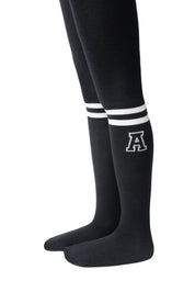 Black knee-high socks with white stripes and a logo on a white background