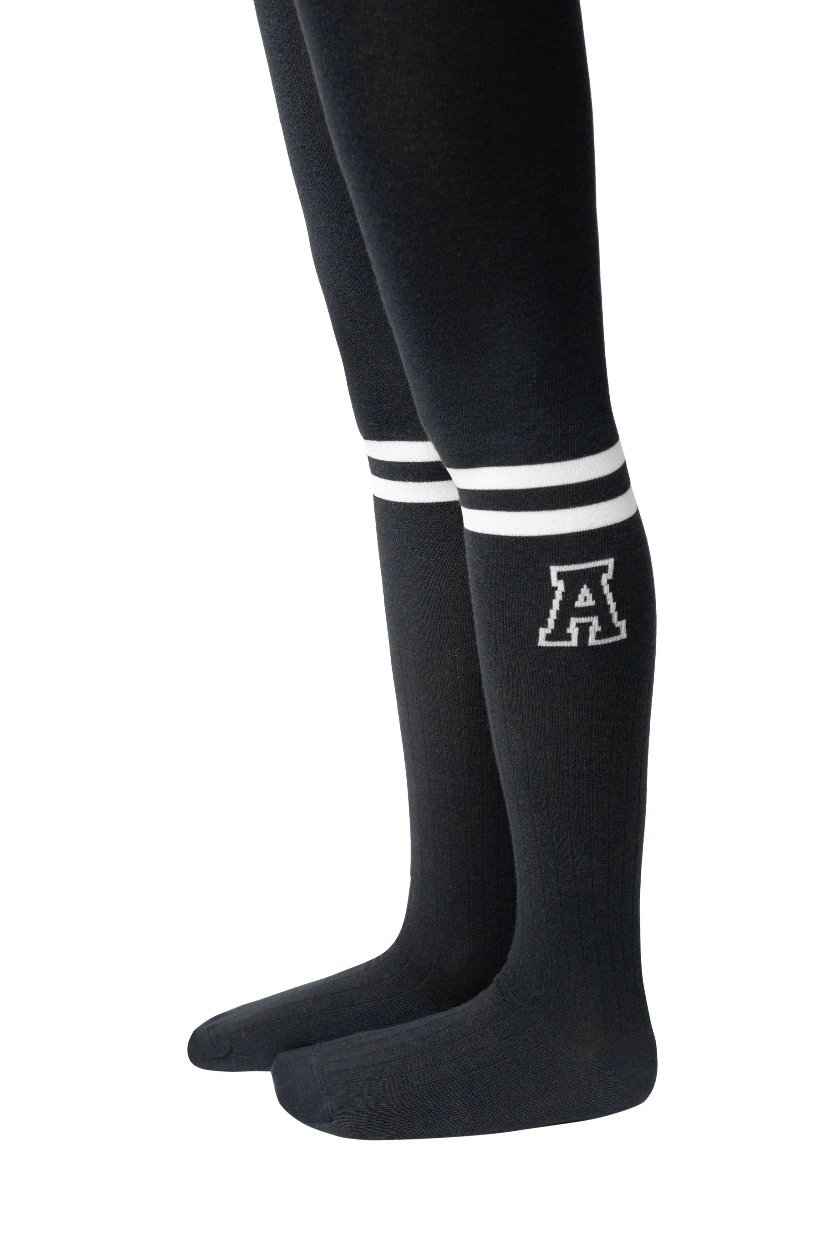 Black knee-high socks with white stripes and a logo on a white background
