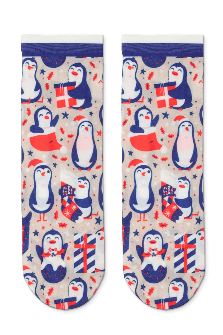 Pair of socks with penguin design on a white background