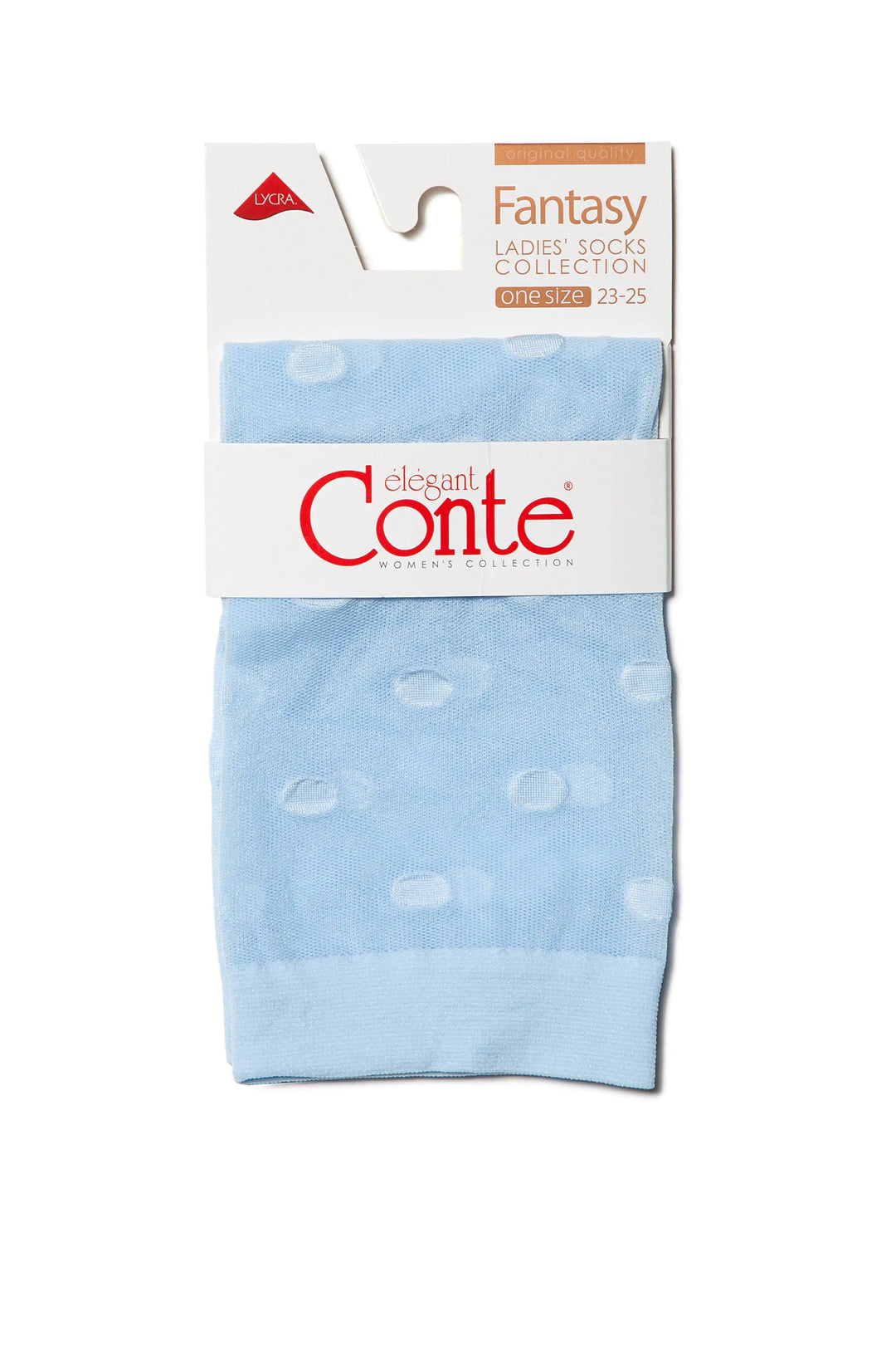 Packaged light blue socks with white patterns on a white background, featuring the brand 'elegant Conte'. #color_light-blue