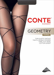 Black patterned tights worn by a person, with Conte branding on a white background