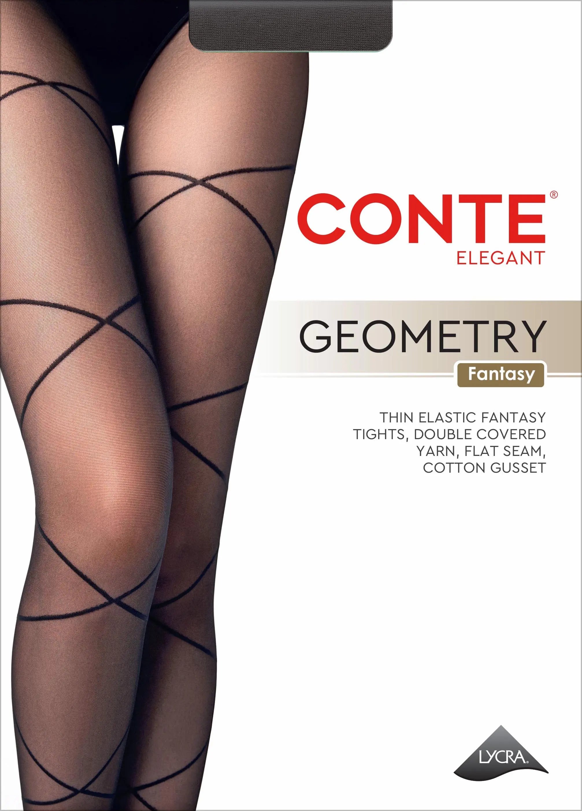 Black patterned tights worn by a person, with Conte branding on a white background