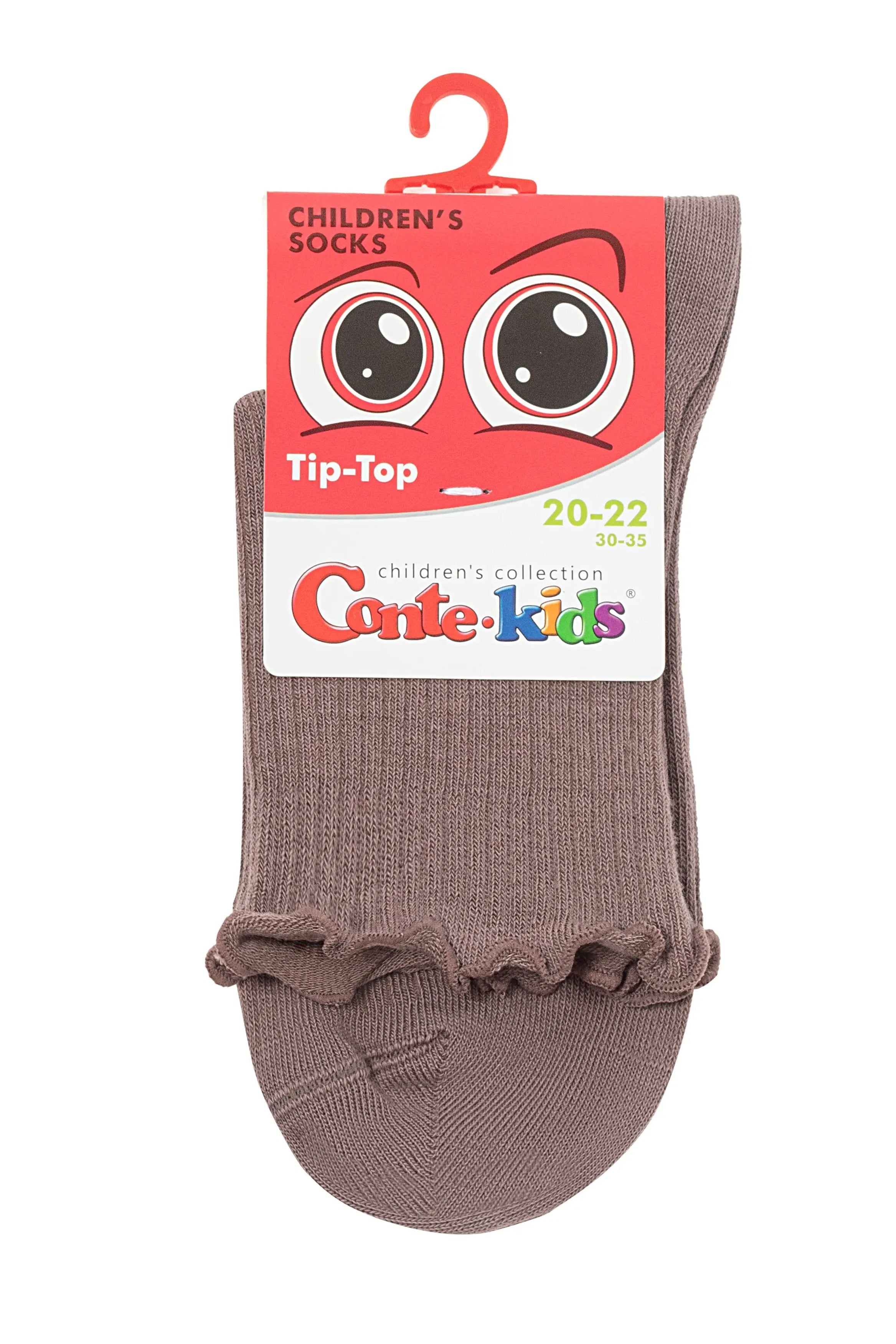 Children's brown socks with ruffles on a white background, featuring a 'Conte Kids' packaging. #color_coffee