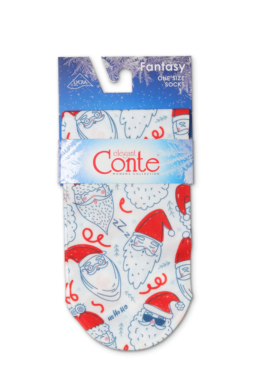 Packaged Conte fantasy one-size socks with Santa Claus design on a white background
