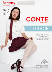 CONTE Elegant tights packaging with a model wearing the product #color_nero-black