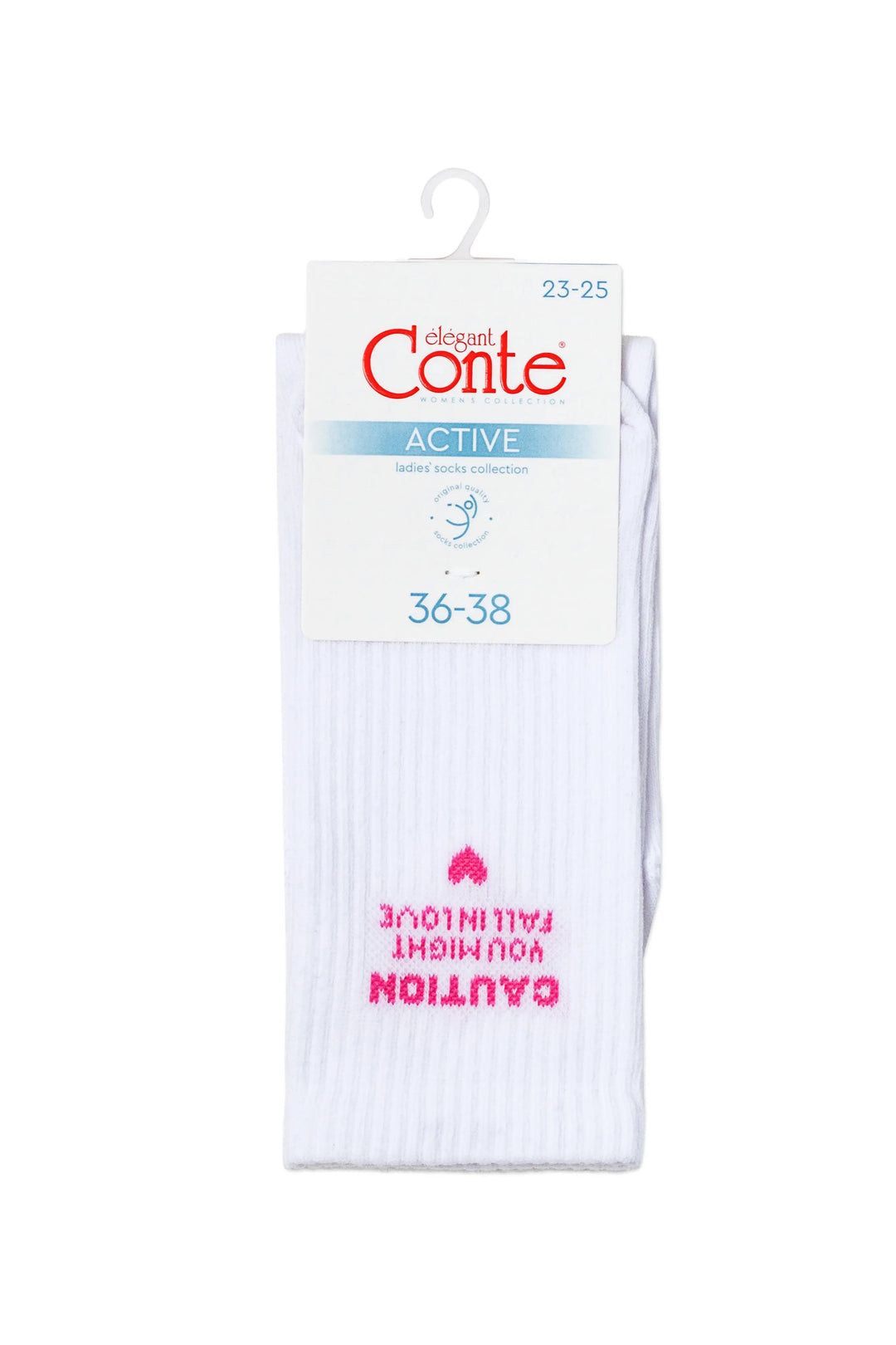 White socks with pink text on a white background, featuring the brand 'Conte'.