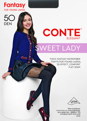 Model wearing Conte tights with product packaging in the background #color_nero-black