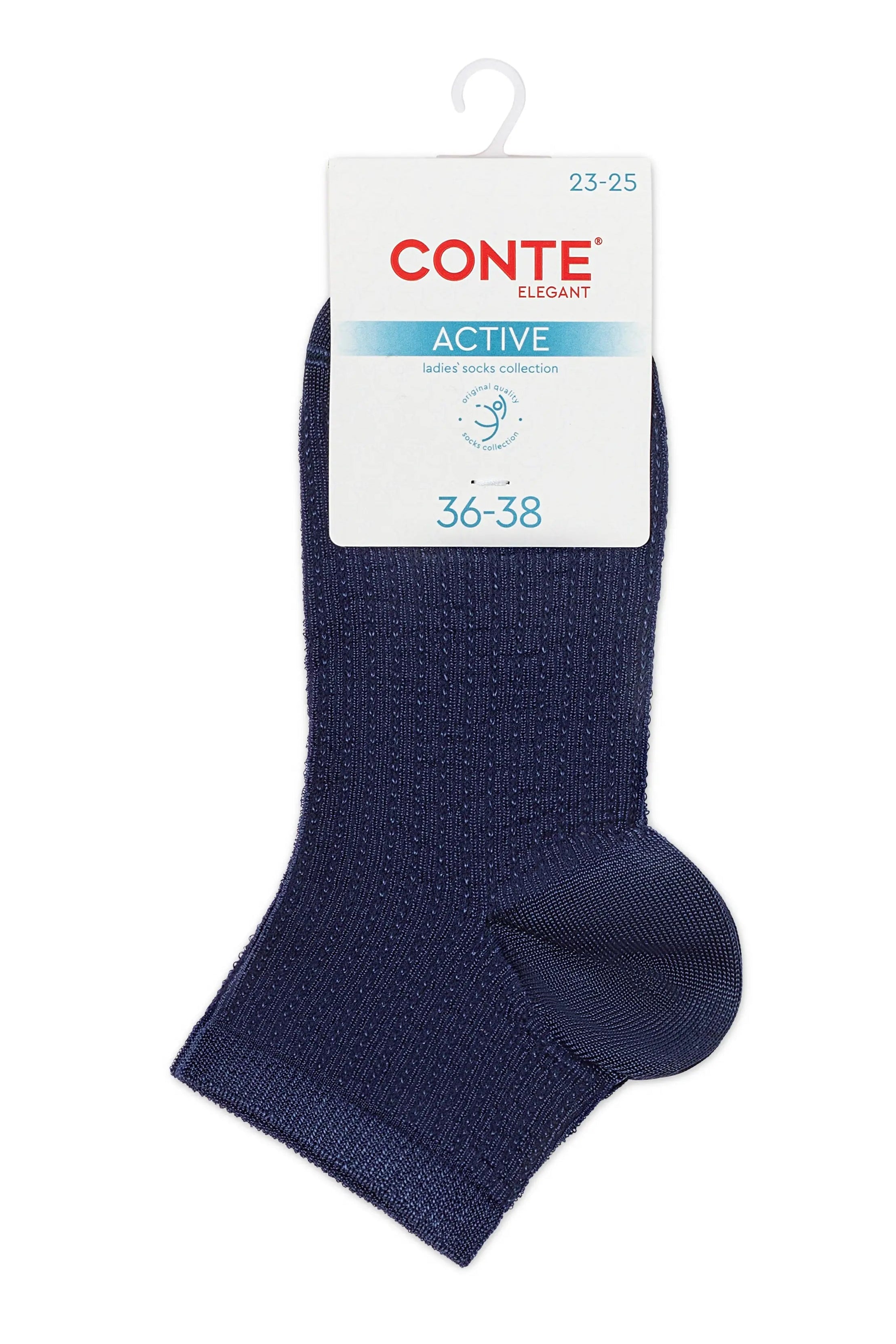 Navy blue sock with a white label on a white background #color_dark-blue