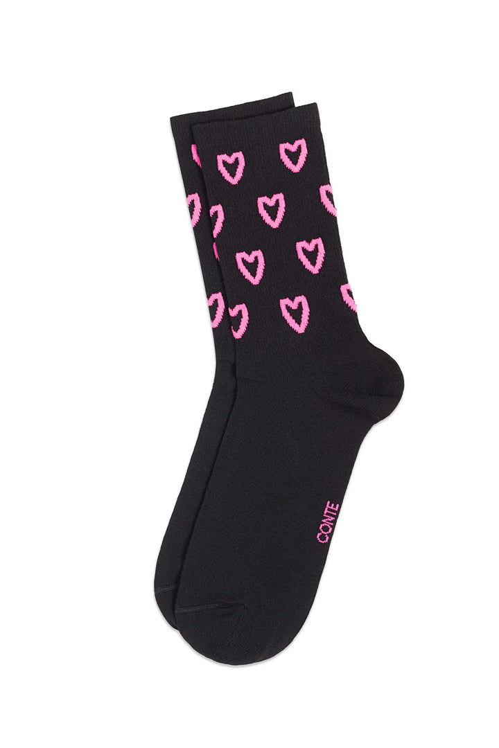 Black sock with pink heart patterns on a white background #color_black