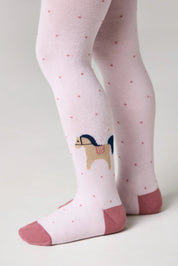 Pink tights with a horse design and matching socks on a light gray background #color_light-pink