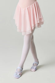 Person wearing a pink skirt, white tights, and ballet shoes on a plain background #color_bianco