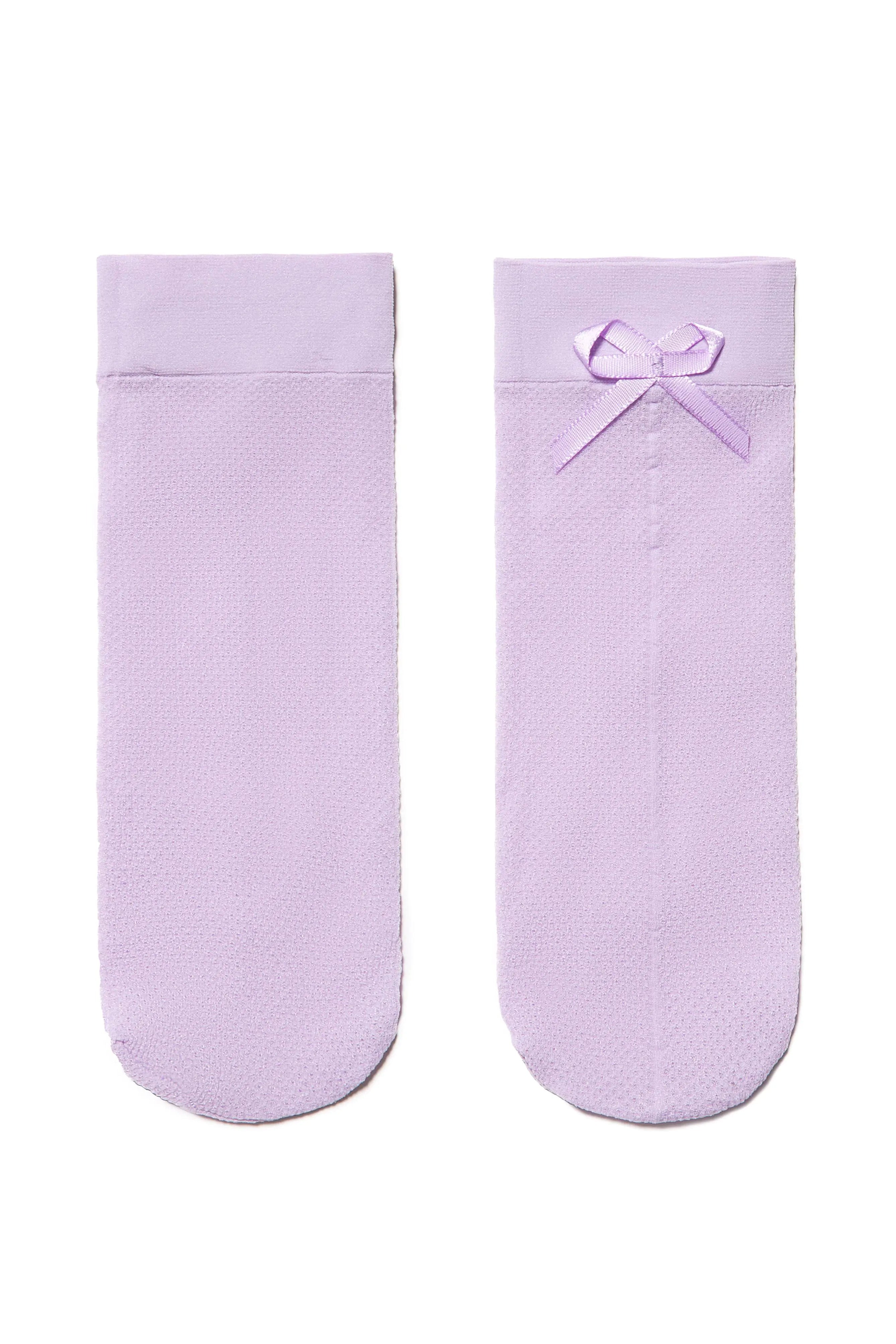 Pair of lavender socks with a bow on a white background #color_violet