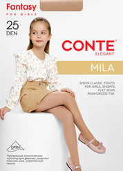 Advertisement for Conte Elegant Mila sheer classic tights for girls, featuring a girl sitting on a white surface. #color_natural-nude