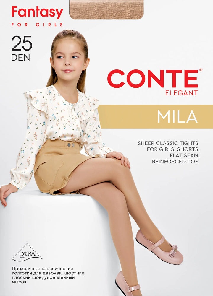 Advertisement for Conte Elegant Mila sheer classic tights for girls, featuring a young girl sitting on a white surface. #color_bianco