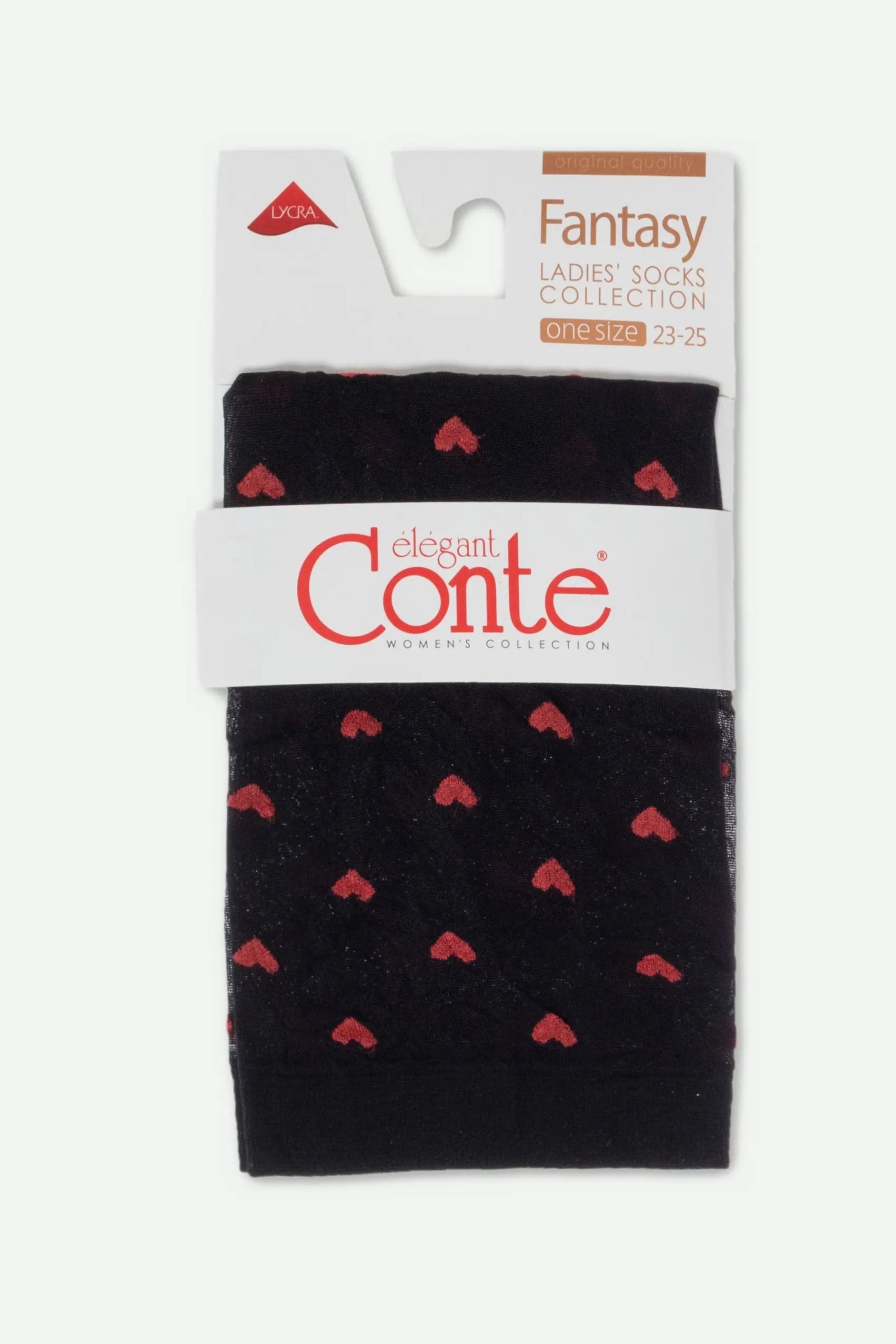 Pack of black socks with red hearts and 'Conte' branding on a white background #color_nero-black