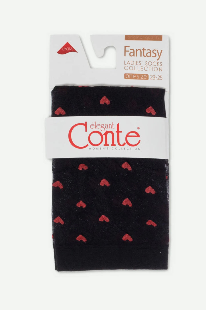 Pack of black socks with red hearts and 'Conte' branding on a white background #color_nero-black