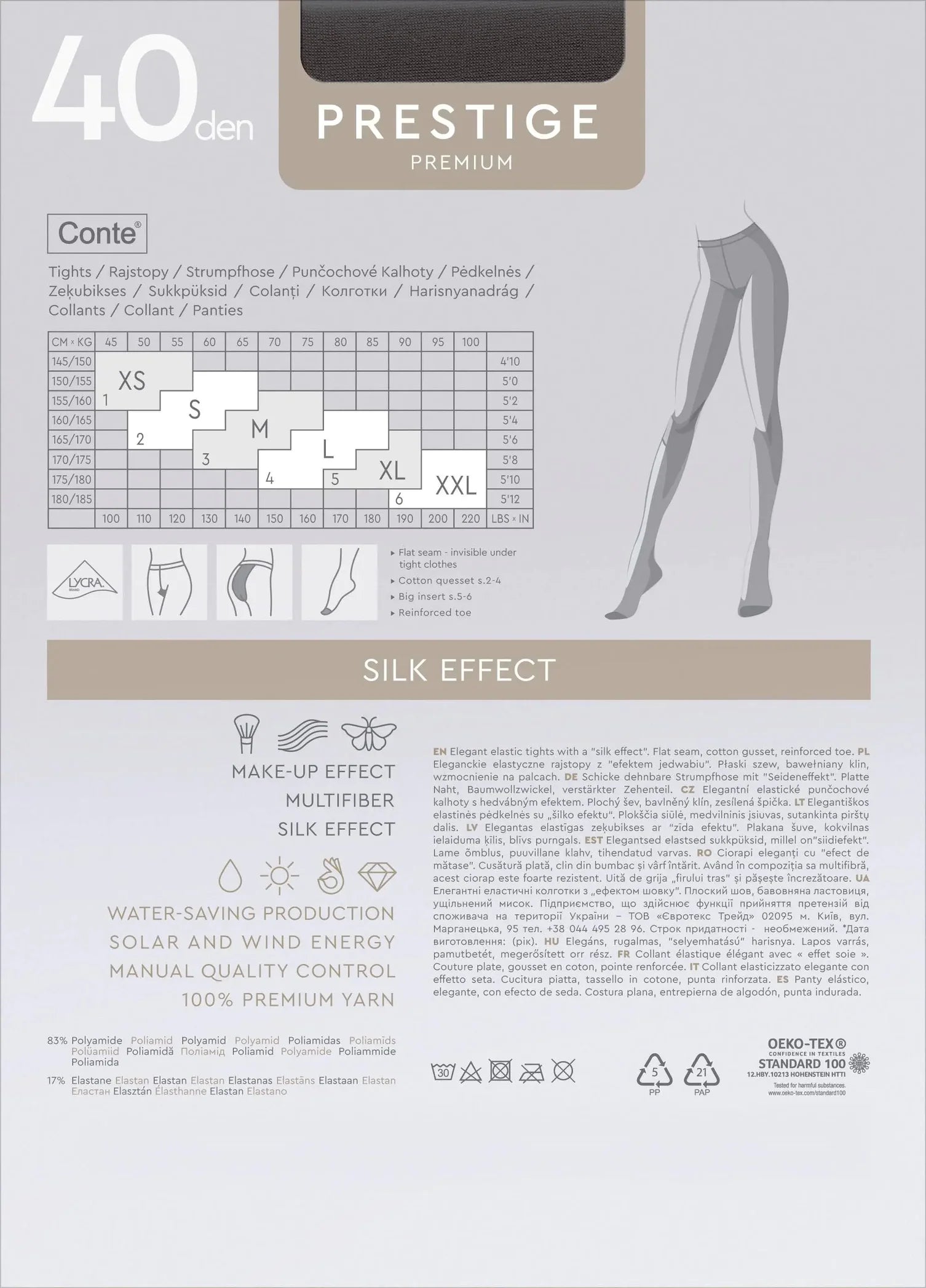 Packaging of Conte prestige premium leggings with size chart and product details. #color_bianco