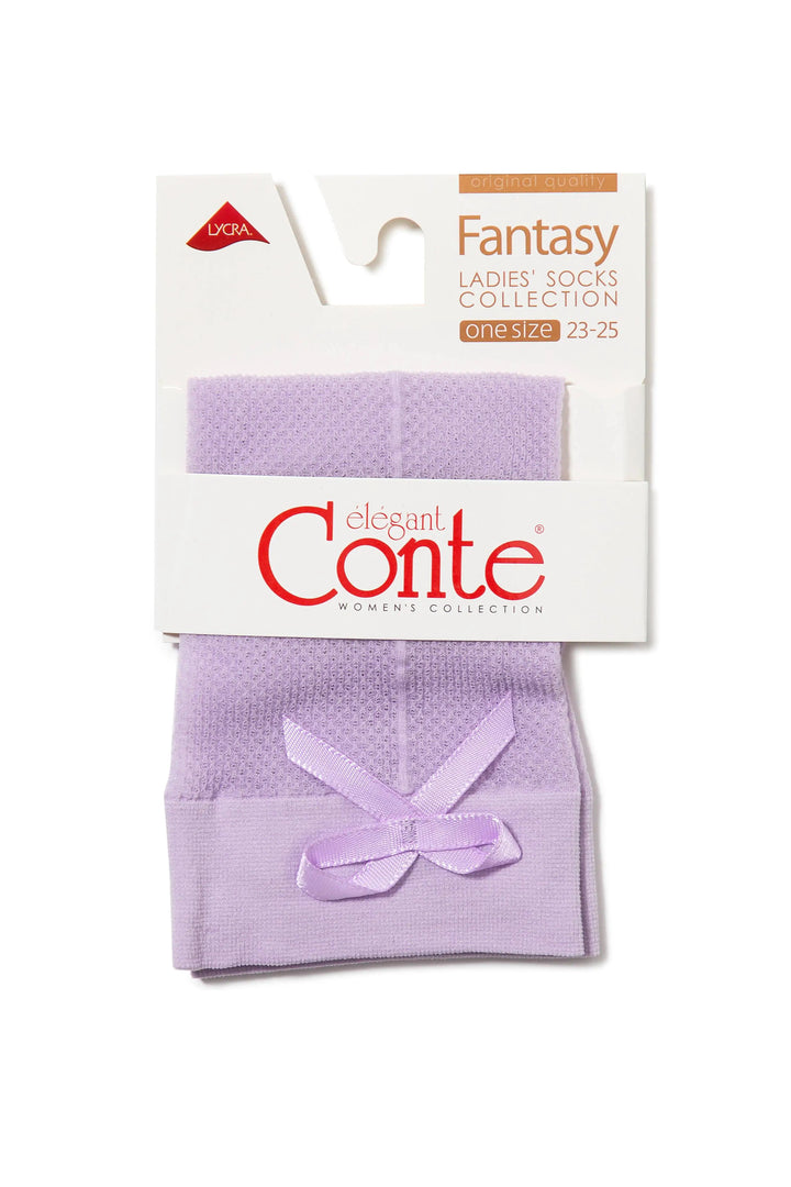 Purple socks with a bow on a Conte packaging label #color_violet