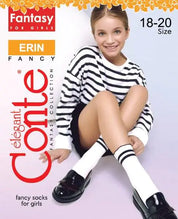 Advertisement for Elegant Conte fancy socks for girls, featuring a model wearing striped socks and shoes.