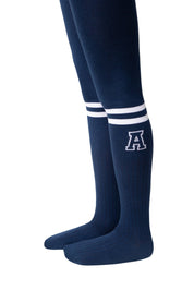 Navy blue knee-high socks with white stripes and a letter 'A' on a white background