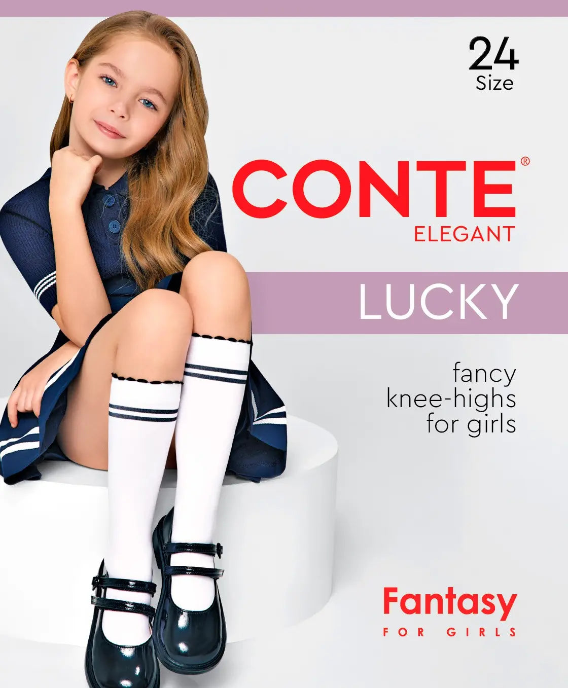 Girl wearing white knee-high socks with black stripes and navy shoes, sitting on a white surface with a purple background. CONTE Elegant branding visible.