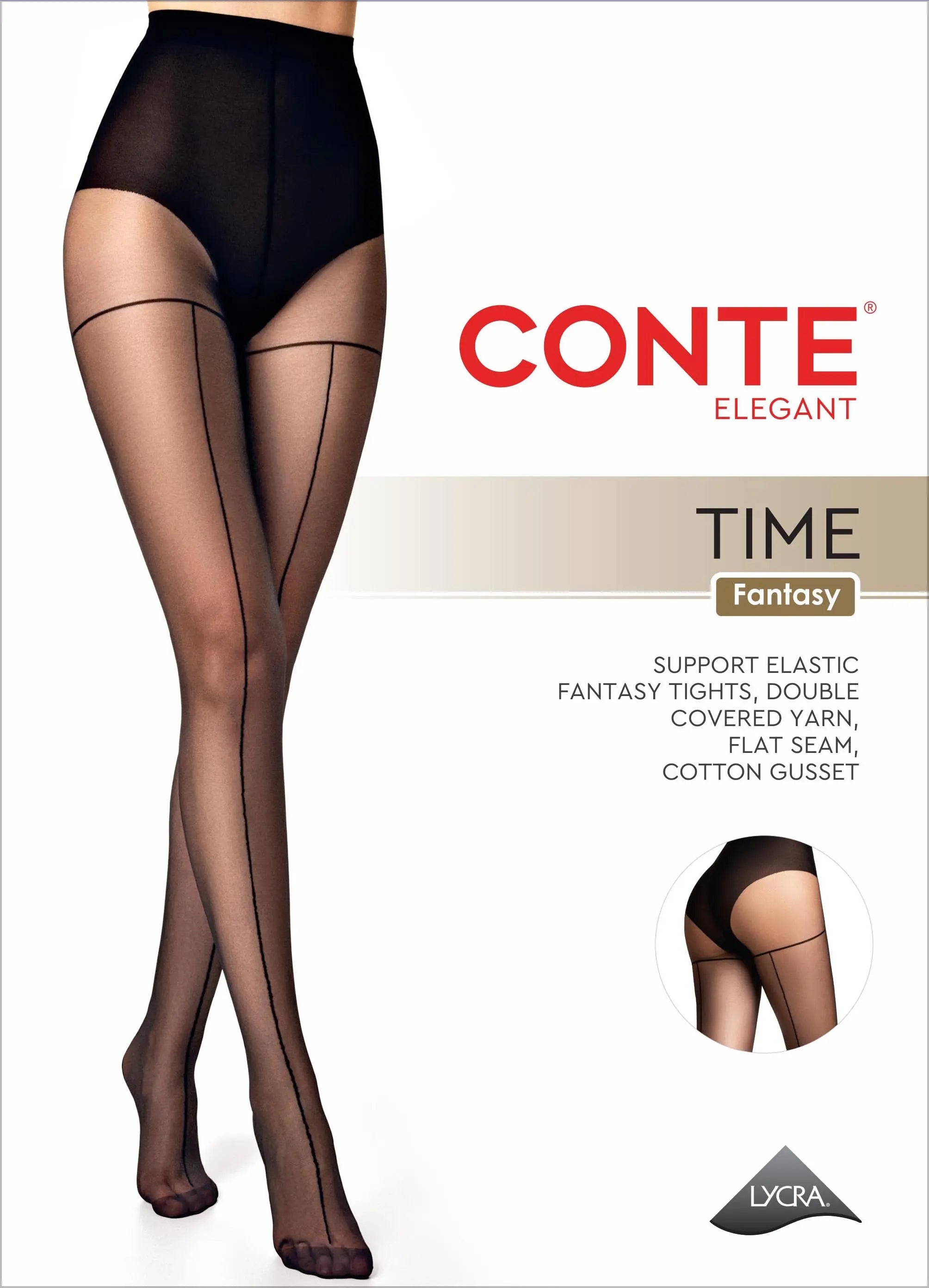 Black tights worn by a model on a white background with Conte branding.