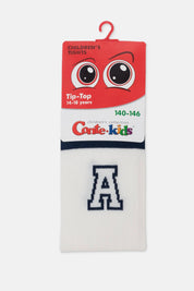 White socks with a blue letter 'A' logo in a packaging with cartoon eyes on a white background