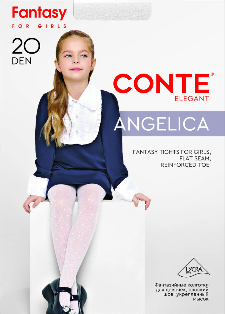 Advertisement for Conte Angelica fantasy tights for girls with a model wearing them. #color_nero-black