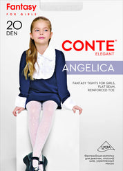 Advertisement for Conte Angelica fantasy tights for girls with a model wearing them. #color_bianco