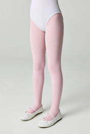 Person wearing a white bodysuit and pink tights on a plain background #color_pink