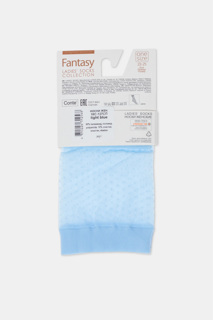 Light blue socks with packaging labeled 'Fantasy Collection' on a white background #color_light-blue