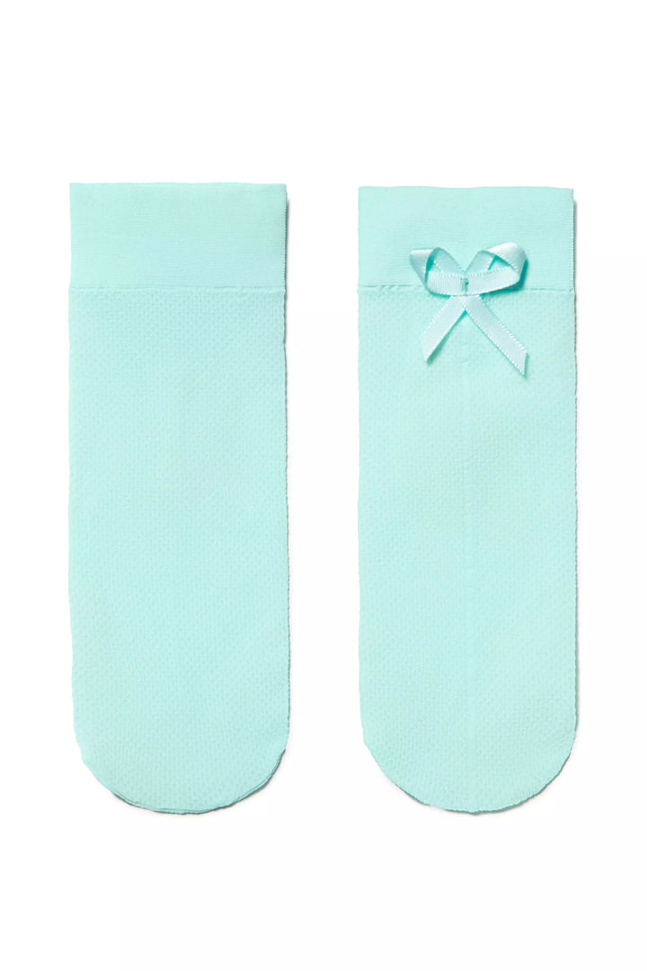 Pair of light blue socks with a bow on a white background #color_turquoise