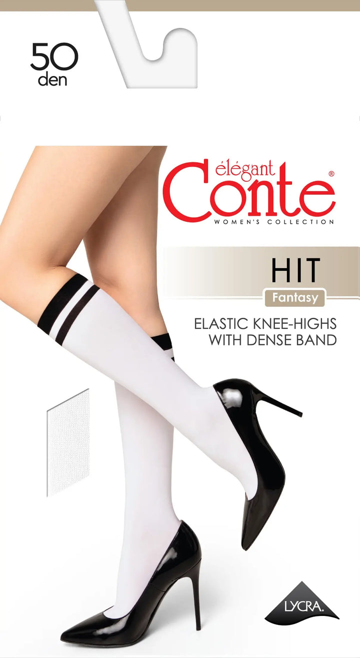 White knee-high socks with black bands worn by a model, displayed against a white background with 'elegant Conte' branding.