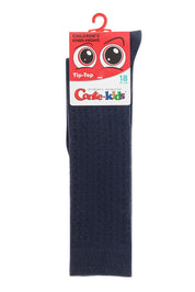 Navy blue knee-high socks with a red and white packaging label on a white background #color_dark-blue