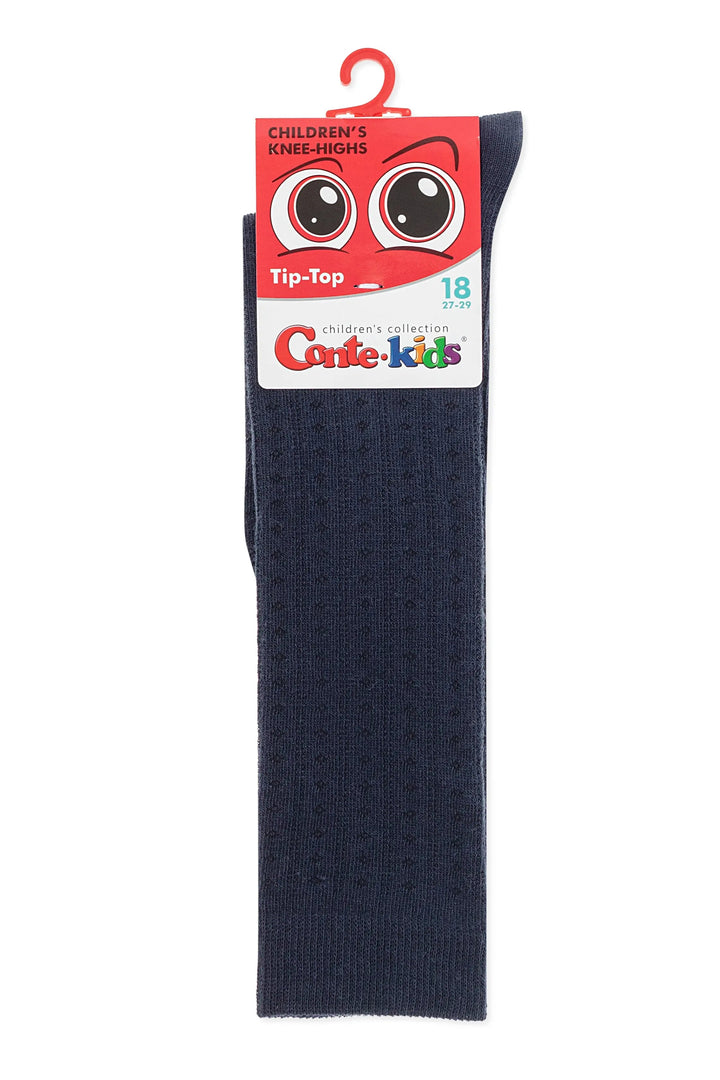 Navy blue knee-high socks with a red and white packaging label on a white background #color_dark-blue