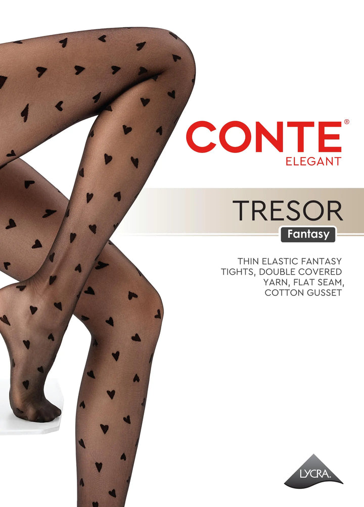Tights with heart pattern and Conte Elegant branding on a white  background #color_nero-black